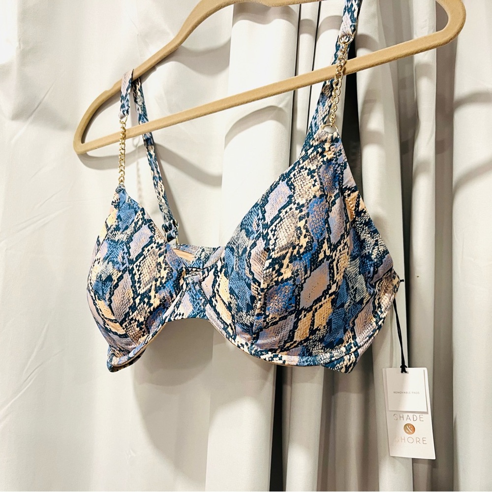 36DD bikini top only NWT - gold straps - blue snake print